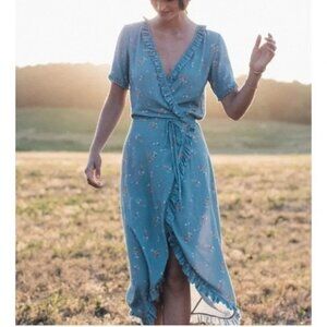 Faherty Blue Floral Camilla Ruffle Trim Short Sleeve Midi Wrap Dress Womens XSma